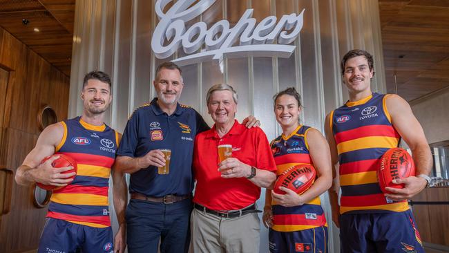 Crows chief executive Tim Cooper with Coopers managing director Tim Cooper and Crows players Alex Neal-Bullen, Eloise Jones and Darcy Fogarty at the brewery. Picture: Ben Clark