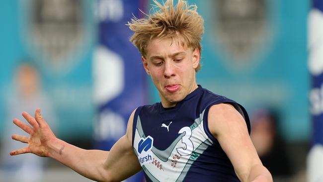 ADELAIDE, AUSTRALIA - June 30: Jesse Dattoli of Victoria Metro during the 2024 Marsh AFL Championships U18 Boys match between South Australia and Victoria Metro at Alberton Oval on June 30, 2024 in Adelaide, Australia. (Photo by Sarah Reed/AFL Photos via Getty Images)