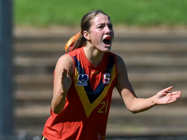 ADELAIDE, AUSTRALIA - AUGUST 24:  Eloise Mackereth of South Australia   celebrates a goal during the Marsh AFL National Development Championships match between U18 Girls South Australia and Western Australia at Thebarton Oval on August 24, 2024 in Adelaide, Australia. (Photo by Mark Brake/AFL Photos/via Getty Images)