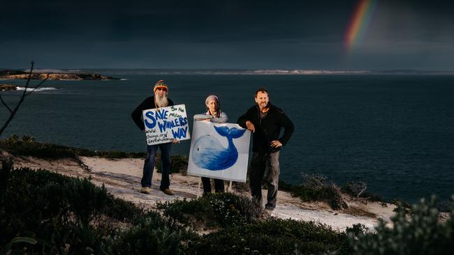 Fishery Bay residents Ian and Nel Taylor and David Bailey. Mrs Taylor says a proposed rocket launching facility will have sever consequences for the area. Picture Robert Lang