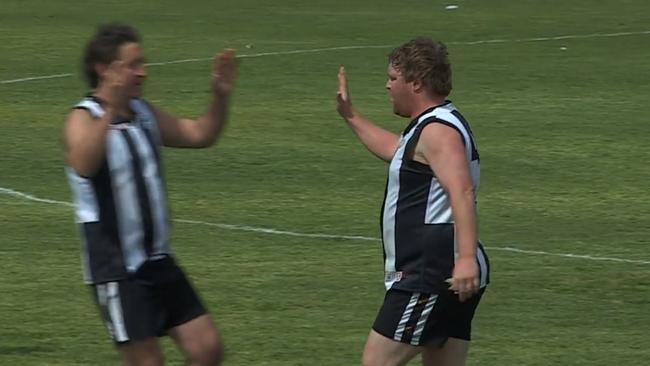 Cummins Ramblers footballer Adam Haarsma after kicking his wonder goal in Great Flinders B Grade grand final. Picture: Missing Link Media