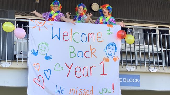 WELCOME BACK: St Francis Xavier Catholic Primary School Year 1 teachers Joanne Stark, Haley Saye and Kathy Douglas were excited to welcome back their students. Picture: Contributed.