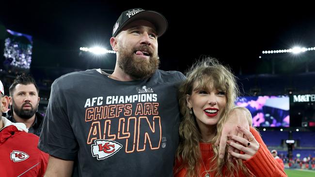 BALTIMORE, MARYLAND - JANUARY 28: Travis Kelce #87 of the Kansas City Chiefs celebrates with Taylor Swift after a 17-10 victory against the Baltimore Ravens in the AFC Championship Game at M&T Bank Stadium on January 28, 2024 in Baltimore, Maryland. (Photo by Patrick Smith/Getty Images)