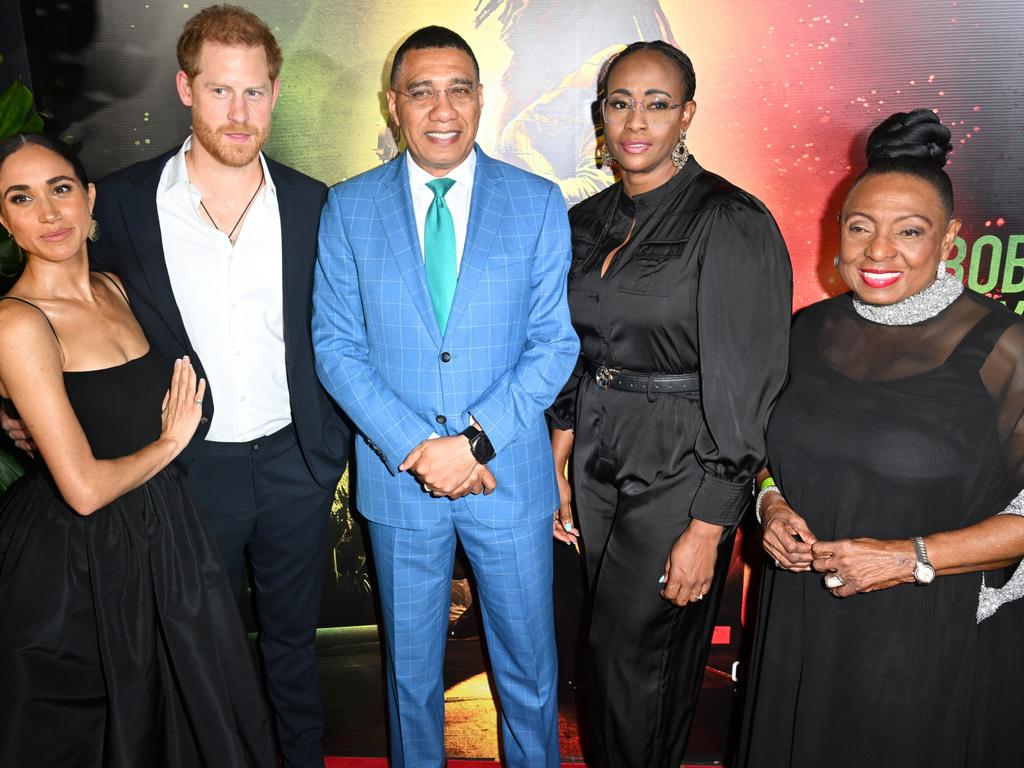 Meghan Markle, Prince Harry, Andrew Holness, Juliet Holness and Olivia Grange attend the premiere of Bob Marley: One Love in Kingston, Jamaica. Picture: Getty Images