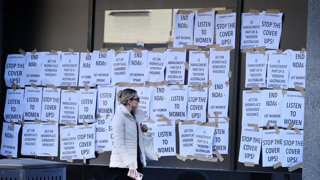 Country Road’s Chapel street store in Melbourne was hit with protest posters last week over the head office sex abuse scandals of women. Picture: David Caird