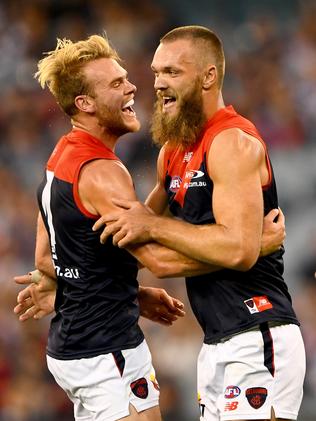 Jack Watts and Max Gawn of the Demons celebrate a goal. Picture: Quinn Rooney/Getty Images