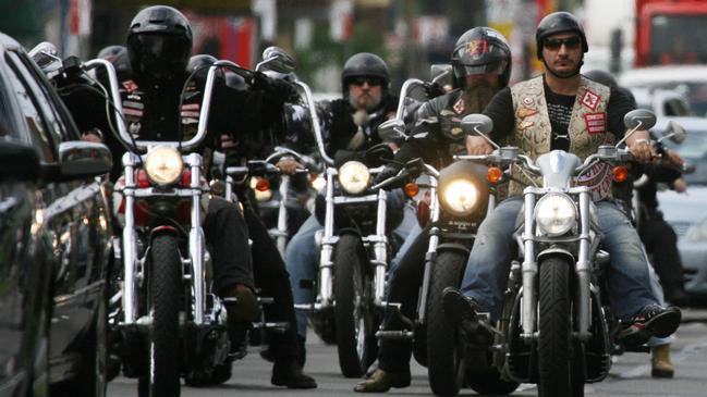 Hell's Angel's bikies during cortege for Anthony Zervas, brother of Hell's Angel leader Peter Zervas, on the way to Rookwood cemetery, Sydney. Zervas was allegedly murdered in a bikie brawl at Sydney Airport on 22/03/2009.