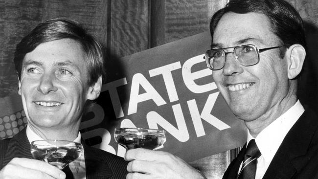 Former State Bank executive Tim Marcus Clark, right, with John Bannon in 1984.