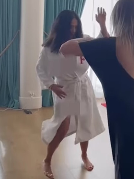 The actress dances unaware her breasts were exposed on camera. Picture: Salma Hayek/Instagram