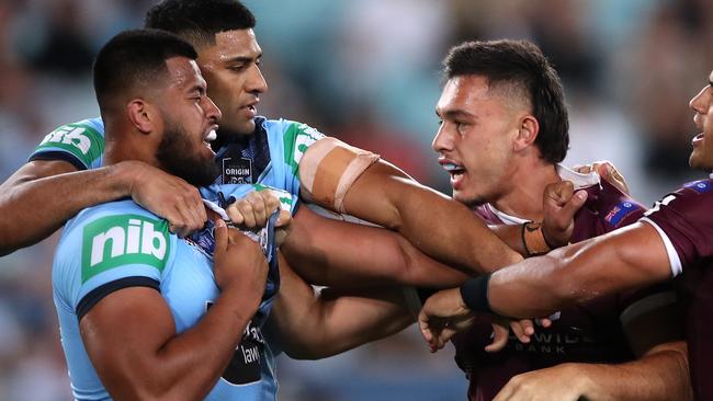 Payne Haas and Tino Fa'asuamaleaui went toe-to-toe in game two in last year’s State of Origin series. Picture: Getty Images