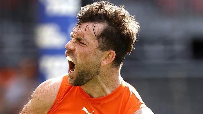 Giants Brent Daniels celebrates kicking a goal  during the AFL Round 23 match between the GWS Giants and Fremantle Dockers at Engie Stadium on August 17, 2024. Photo by Phil Hillyard(Image Supplied for Editorial Use only - **NO ON SALES** - Â©Phil Hillyard )