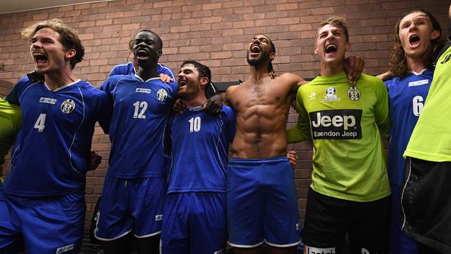 Moreland Zebras celebrate their FFA Cup triumph over Altona Magic. Picture: Mark Avellino Photography