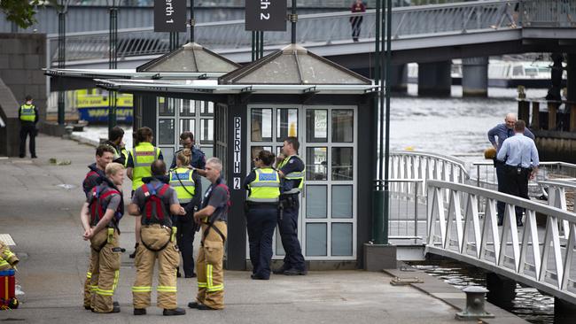 Emergency services on the scene after a body was found in the Yarra River near Southgate Avenue. Picture: Sarah Matray