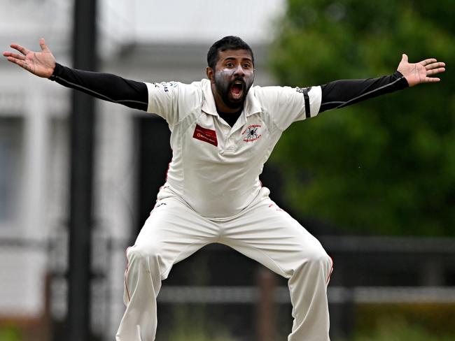 West CoburgÃs Mohamed Feshal appeals during the VTCA West Coburg v Airport West St Christophers cricket match in Pascoe Vale South, Saturday, Nov. 12, 2022. Picture: Andy Brownbill