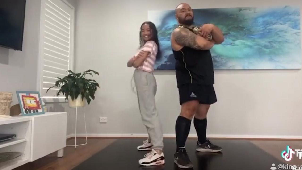 Zi and dad John Sione in the hip-hop part of their winning Ballet Beat Drop Challenge video.