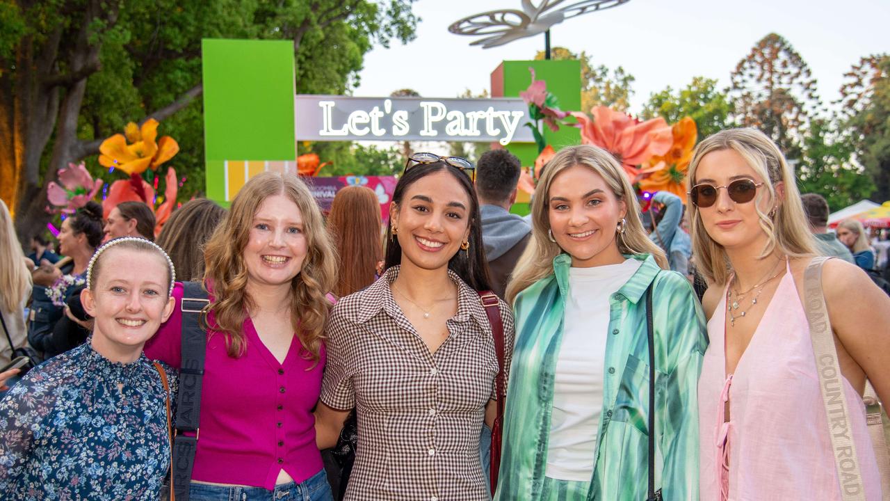 (From left) Kyla Jellfs, Tobie Andison, Danielle Kena, Indeana Payne and Torrie Rasmussen. Toowoomba Carnival of Flowers Festival of Food and Wine. Saturday, September 14, 2024. Picture: Nev Madsen