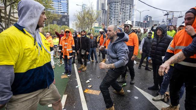 A protester prepares for a fight in Melbourne on Monday. Picture: David Geraghty