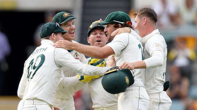 Tim Paine, Steve Smith, Joe Burns, David Warner and Marnus Labuschagne of Australia celebrate victory during day four of the 1st Domain Test between Australia and Pakistan at The Gabba on November 24, 2019 in Brisbane. Picture: Bradley Kanaris/Getty Images