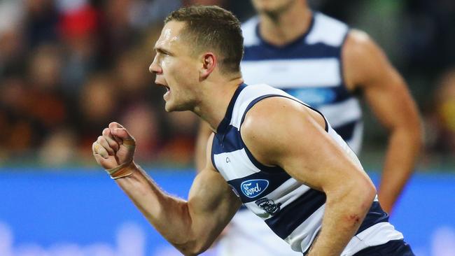GEELONG, AUSTRALIA — JUNE 02: Joel Selwood of the Cats celebrates a goal during the round 11 AFL match between the Geelong Cats and the Adelaide Crows at Simonds Stadium on June 2, 2017 in Geelong, Australia. (Photo by Michael Dodge/Getty Images)