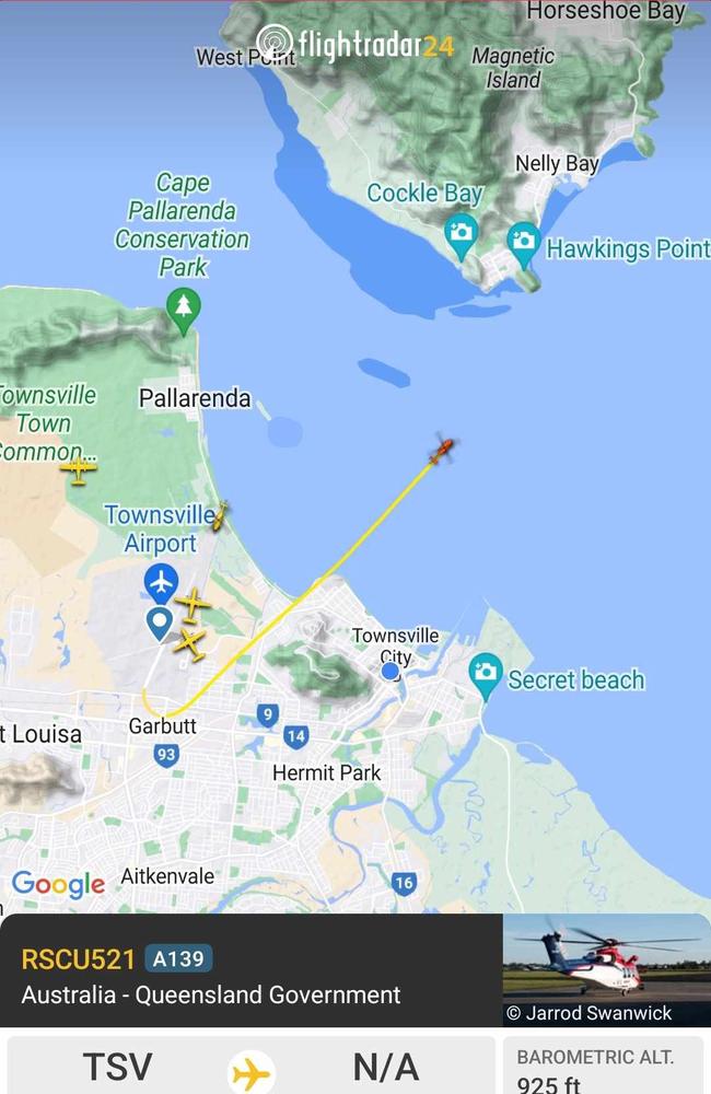 Flightradar captured the rescue helicopter flying towards Magnetic Island. Picture: Flightradar24.