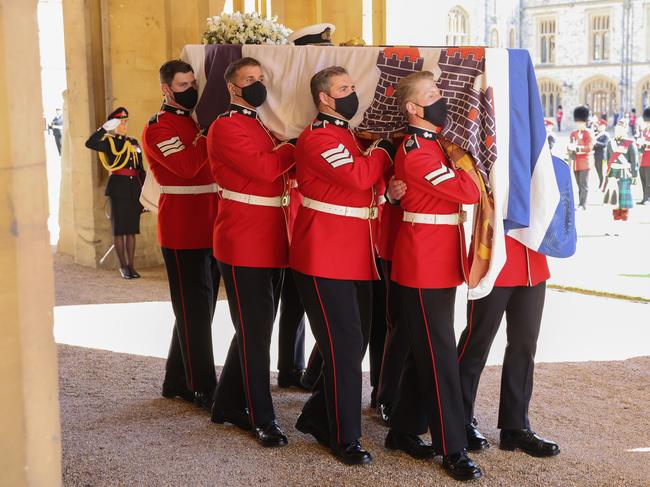 The Queen’s Company, 1st Battalion Grenadier Guards carry the coffin of HRH Prince Philip. Picture: Chris Jackson/WPA Pool/Getty Images