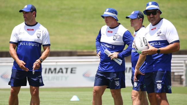 Canterbury’s Trent Barrett and his Bulldogs coaching team of David Furner, Craig Sandercock and David Tangata-Toa.. Picture: Bulldogs Digital