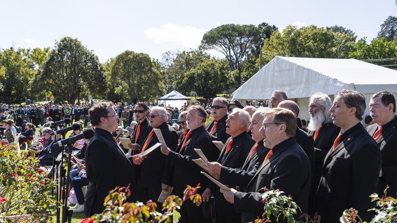 High Altitude Harmony choir at the Anzac Day Toowoomba mid-morning Service of Remembrance at the Mothers' Memorial, Tuesday, April 25, 2023. Picture: Kevin Farmer