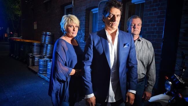 Debra Byrne, Vince Colosimo and Kevin Harrington pose up as the Moran family for the Chopper Underbelly series. Picture: Tony Gough