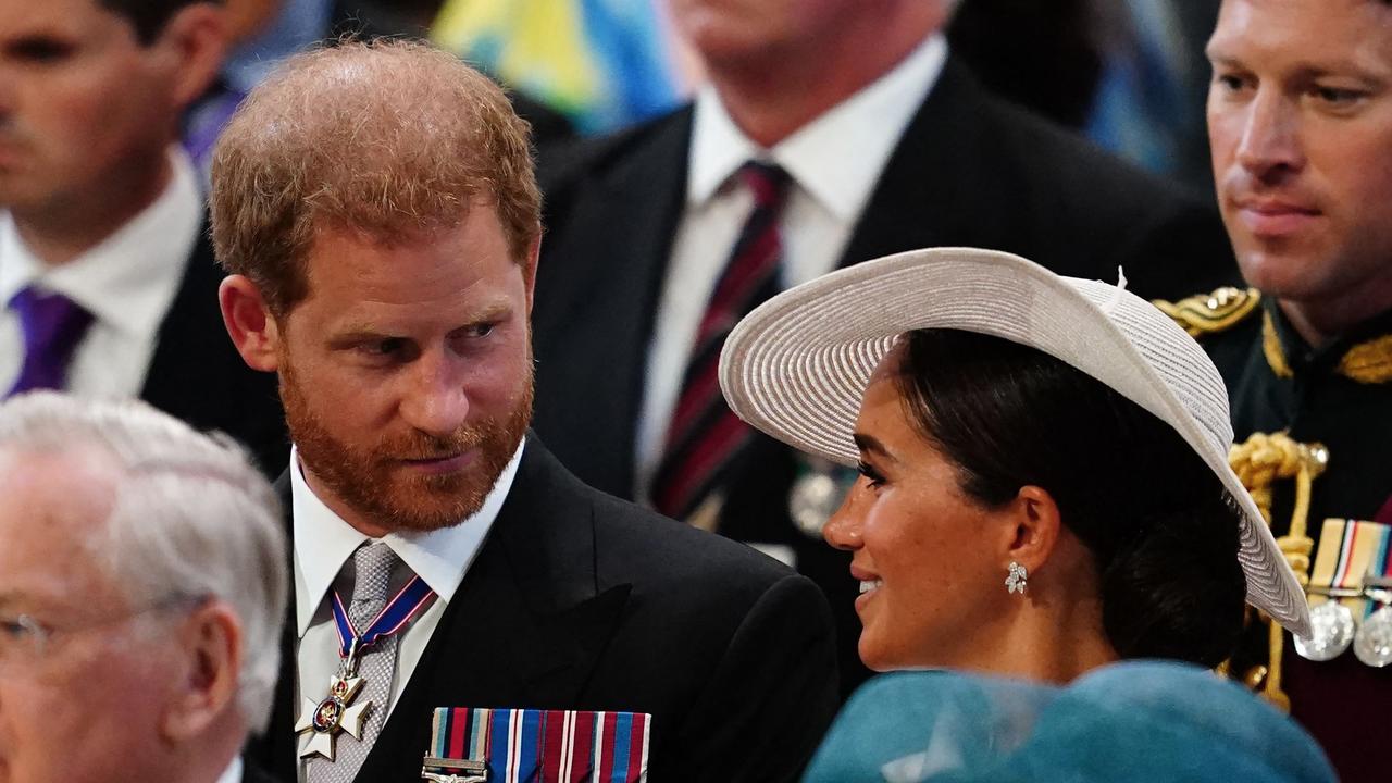 Harry and Meghan were sat in the second row at the National Service of Thanksgiving for The Queen’s reign at Saint Paul’s Cathedral in London on June 3. Picture: Aaron Chown/AFP