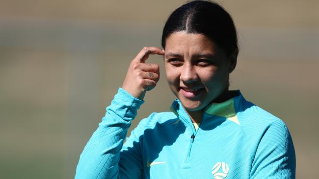 Sam Kerr walks during Matildas training in Brisbane on Wednesday. Picture: Getty Images