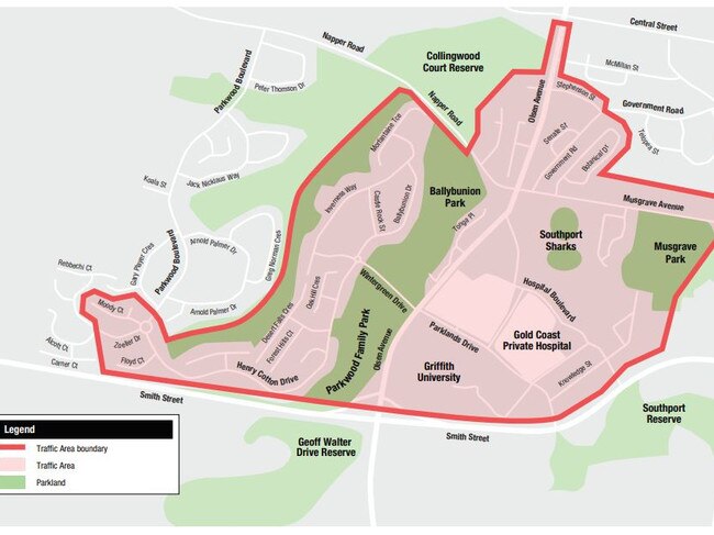 Traffic Area Map for two hour parking in the Gold Coast Health and Knowledge Precinct.