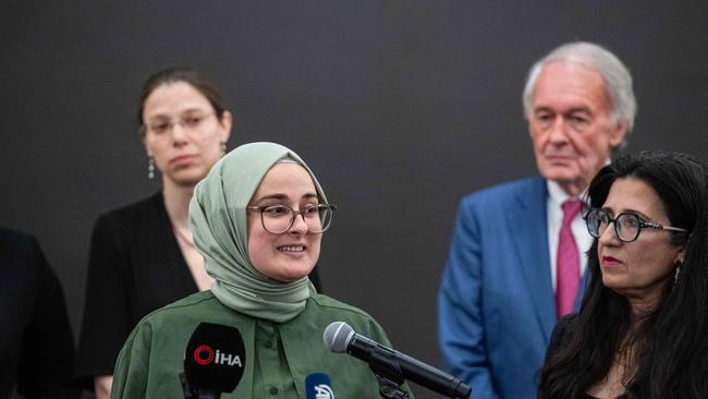 Tufts University student Rumeysa Ozturk speaking in Boston earlier this month after her release from an immigration detention centre. Picture:Joseph Prezioso / AFP