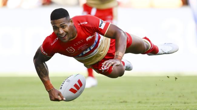 Jamayne Isaako of the Dolphins scores a try during the round one NRL match between the Dolphins and Sydney Roosters at Suncorp Stadium on March 05, 2023 in Brisbane, Australia. Picture: NRL Photos