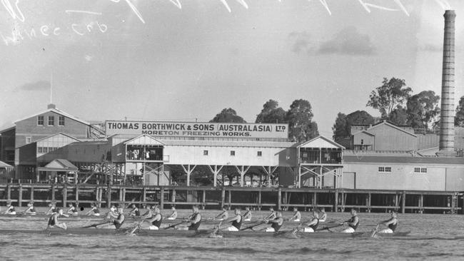 Rowing teams compete in the King's Cup during the Australian Rowing Championships on the Brisbane River in 1939. Picture: State Library Queensland