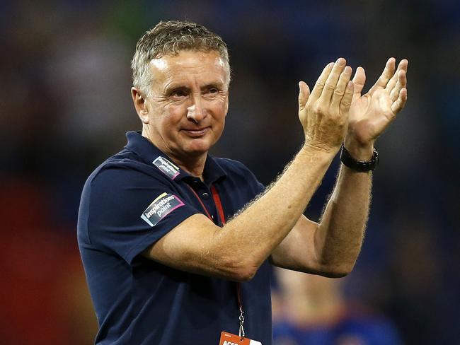 Jets coach Ernie Merrick applauds the crowd after the A-League Round 12 match between the Newcastle Jets and the Western Sydney Wanderers  at McDonald Jones Stadium, Newcastle, Friday, December 22, 2017. (AAP Image/Darren Pateman) NO ARCHIVING, EDITORIAL USE ONLY