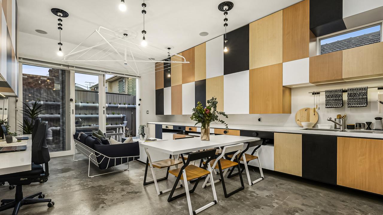 Inside the Yarraville home, which has a Hills hoist as its chandelier.