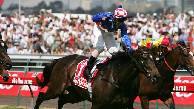 Glen Boss and Makybe Diva salute in the 2005 Melbourne Cup.