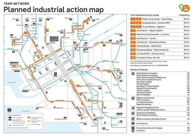 A map showing where buses will replace trams during planned industrial action.