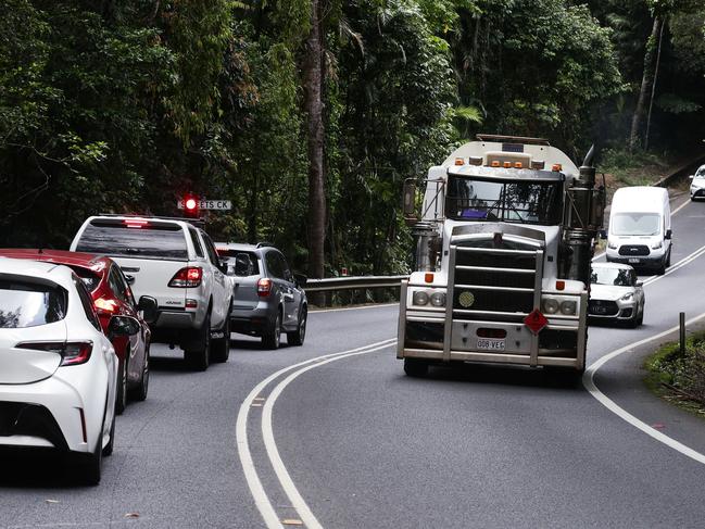 Roadworks causes traffic delays on the Kuranda Range Road section of the Kennedy Highway at Streets Creek near Kuranda. Picture: Brendan Radke