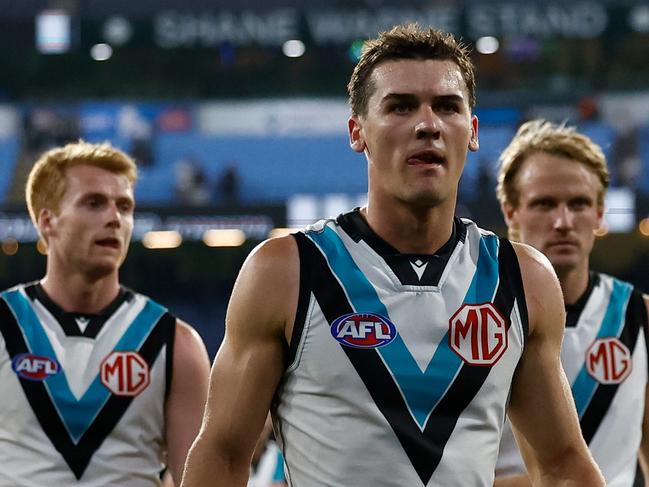 MELBOURNE, AUSTRALIA - MARCH 15: Connor Rozee of the Power looks dejected after a loss during the 2025 AFL Round 01 match between the Collingwood Magpies and the Port Adelaide Power at the Melbourne Cricket Ground on March 15, 2025 in Melbourne, Australia. (Photo by Michael Willson/AFL Photos via Getty Images)