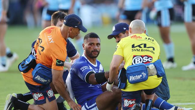 Poasa Faamausili was ruled out just seconds into the Bulldogs Round 2 match against the Sharks after a head clash off the kick-off. Picture: Getty Images