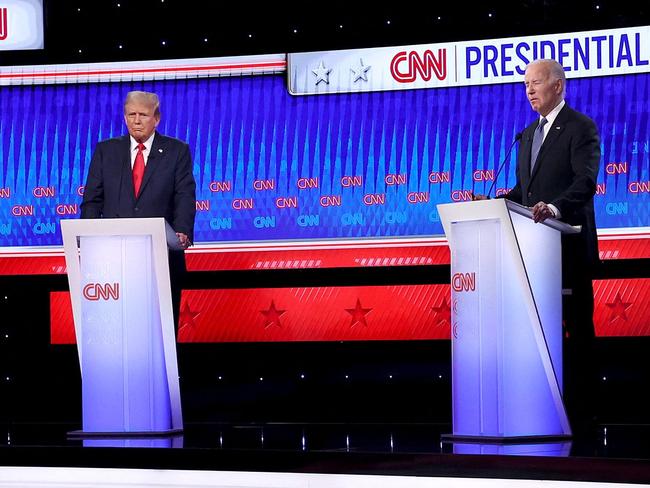 ATLANTA, GEORGIA - JUNE 27: U.S. President Joe Biden (R) and Republican presidential candidate, former U.S. President Donald Trump participate in the CNN Presidential Debate at the CNN Studios on June 27, 2024 in Atlanta, Georgia. President Biden and former President Trump are facing off in the first presidential debate of the 2024 campaign.   Justin Sullivan/Getty Images/AFP (Photo by JUSTIN SULLIVAN / GETTY IMAGES NORTH AMERICA / Getty Images via AFP)