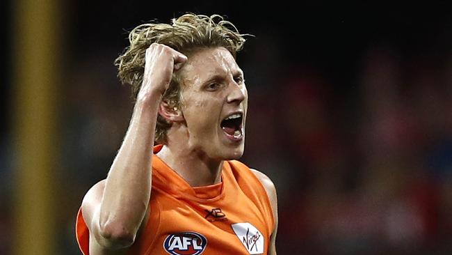 SYDNEY, AUSTRALIA - APRIL 27: Lachie Whitfield of the Giants celebrates a goal during the round 6 AFL match between the Sydney Swans and GWS Giants at Sydney Cricket Ground on April 27, 2019 in Sydney, Australia. (Photo by Ryan Pierse/Getty Images)