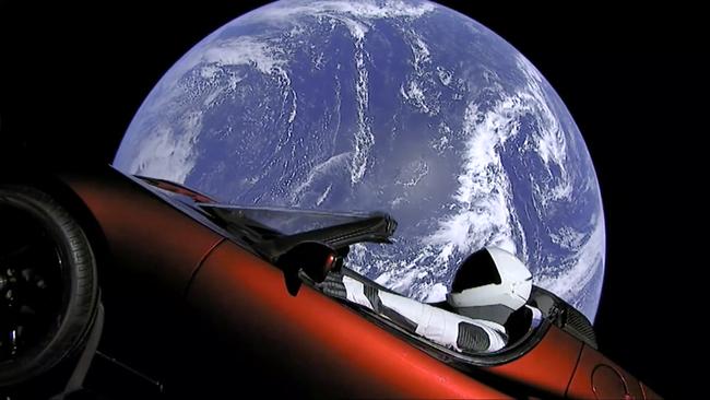 Elon Musk's red Tesla sports car was launched into space during the first test flight of the Falcon Heavy rocket on February 6. Picture: SpaceX via AP