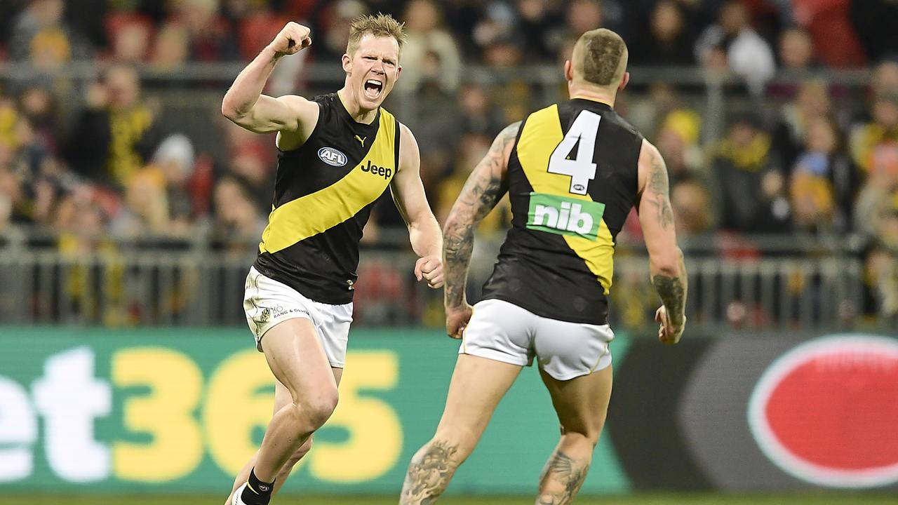 Jack Riewoldt celebrates a goal with Dustin Martin at Spotless Stadium.