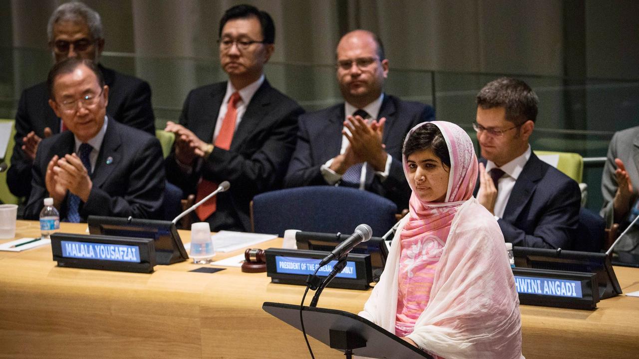 NEW YORK, NY - JULY 12: Malala Yousafzai, the 16-year-old Pakistani advocate for girls education who was shot in the head by the Taliban, speaks at the United Nations (UN) Youth Assembly on July 12, 2013 in New York City. The United Nations declared July 12, "Malala Day." Yousafzai also celebrates her birthday today.   Andrew Burton/Getty Images/AFP== FOR NEWSPAPERS, INTERNET, TELCOS & TELEVISION USE ONLY ==