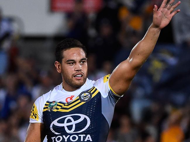 TOWNSVILLE, AUSTRALIA - MARCH 30: Antonio Winterstein of the Cowboys waves to the crowd after losing the round four NRL match between the North Queensland Cowboys and the Melbourne Storm at 1300SMILES Stadium on March 30, 2015 in Townsville, Australia. (Photo by Ian Hitchcock/Getty Images)