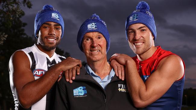 Neale Daniher with Collingwood’s Isaac Quaynor and Melbourne’s Jack Viney ahead of the Big Freeze at the ‘G. Picture: Michael Klein