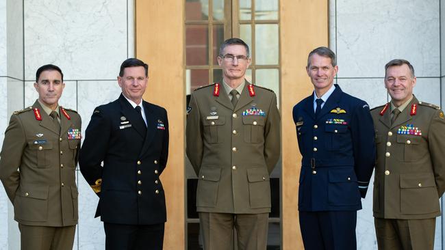 From left: Chief of Army Simon Stuart, Chief of Navy Mark Hammond, former Defence chief Angus Campbell, Vice-Chief of the Defence Force Robert Chipman, and retired chief of joint operations Greg Bilton. Picture: Defence