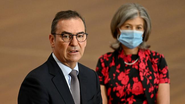 South Australian Premier Steven Marshall and Professor Nicola Spurrier. Picture: Naomi Jellicoe